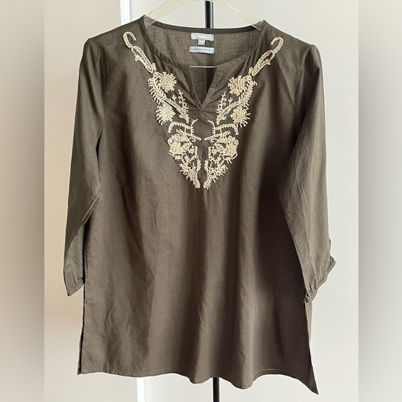 A FabIndia styled cotton tunic top in brown olive 🫒 w ivory hand embroidery M - Picture 8 of 8